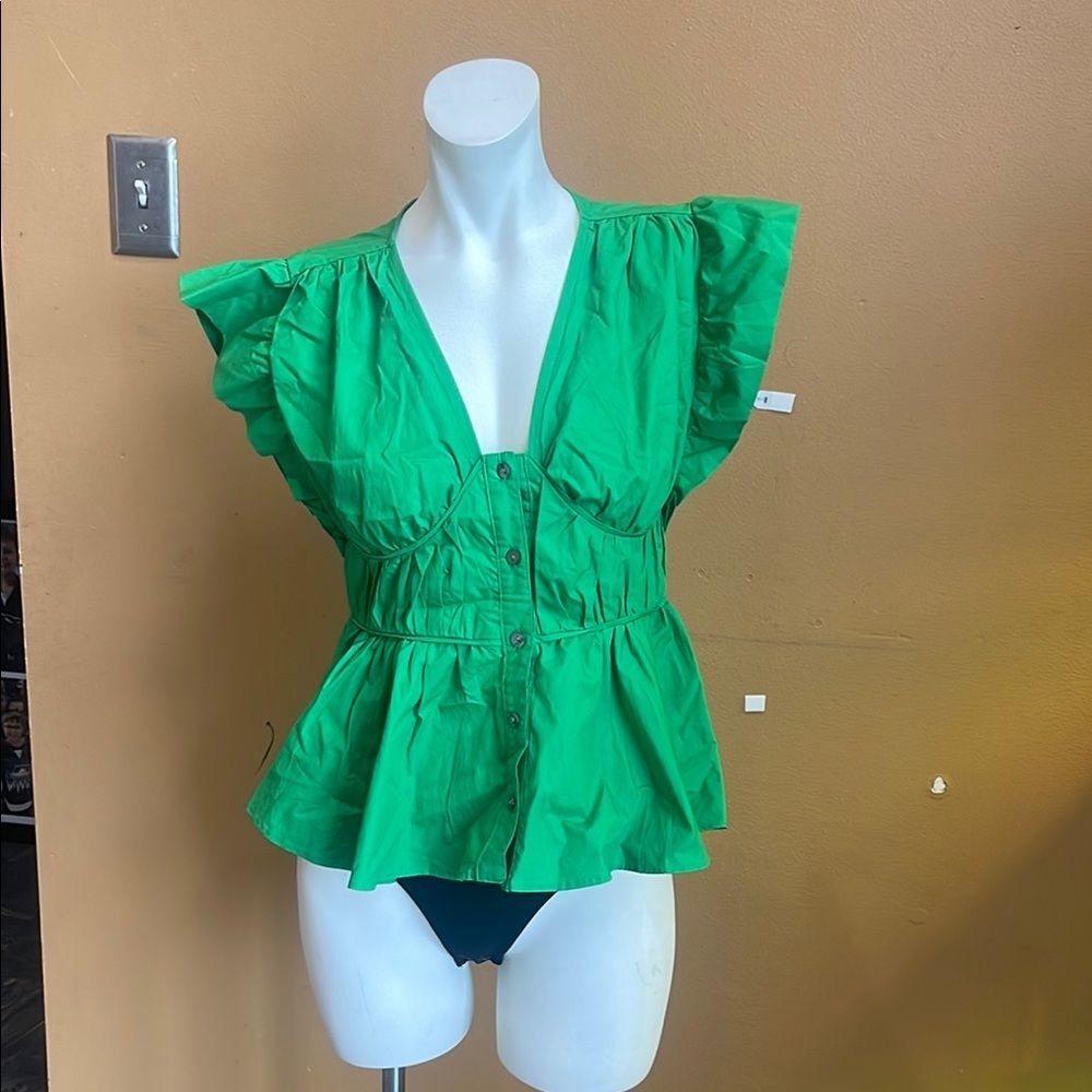 Olivaceous Green Ruffled Women's V-Neck Top size Medium